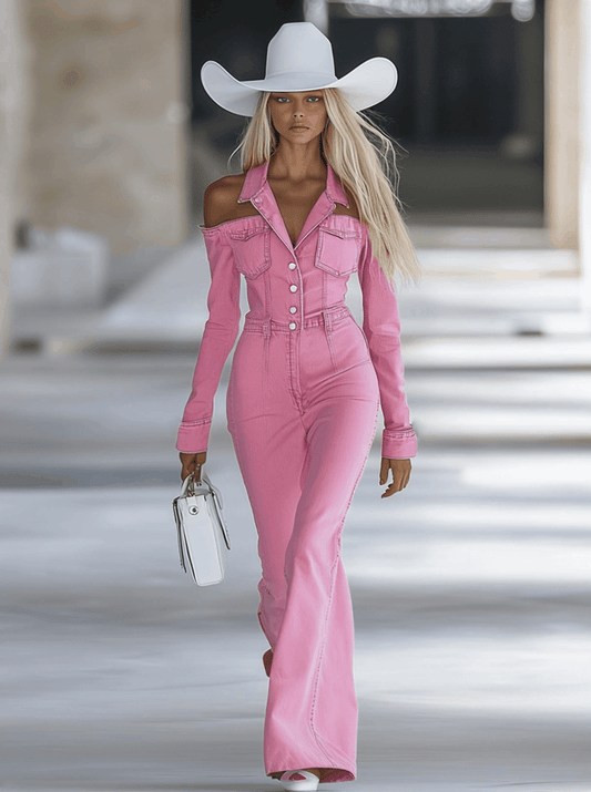 Pink Denim Off-Shoulder Flared Jumpsuit with Lapel Collar