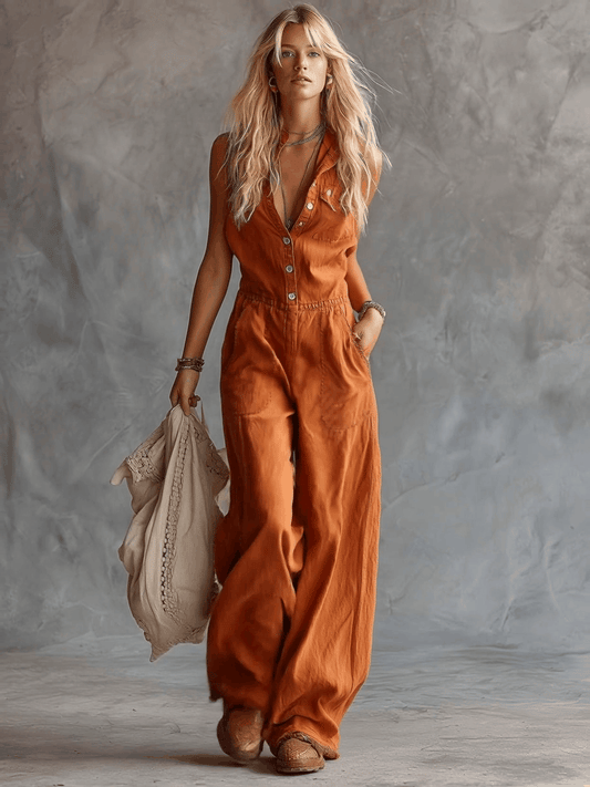 Rust Orange Sleeveless Cotton V-Neck Jumpsuit with Front Button Closure