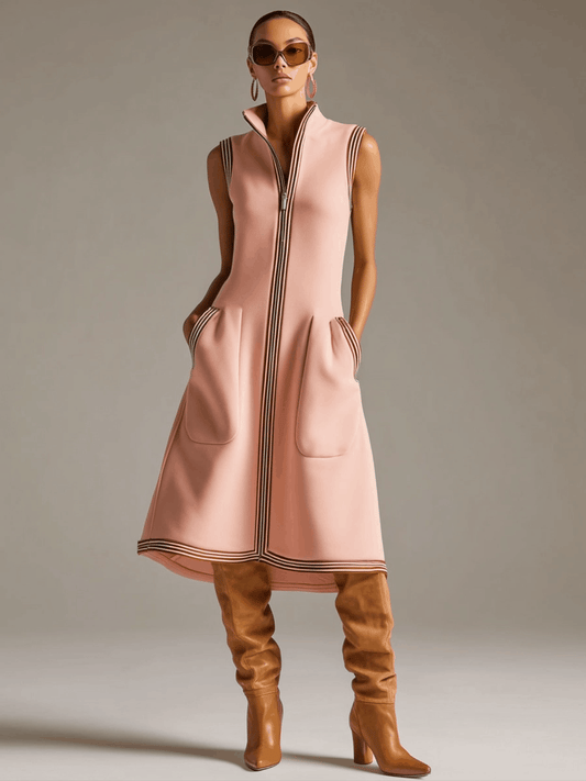 Pink Ribbed Cotton Blend Sleeveless Midi Dress with Stand Collar