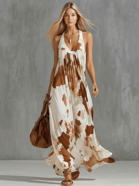 Vintage Brown Cow Print Chiffon Sleeveless Maxi Dress For Women