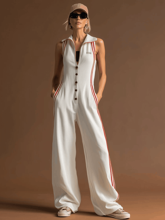 Sporty Retro White Sleeveless Jumpsuit with Red Ribbon Accents