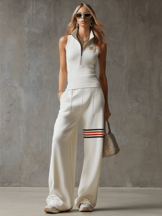 Sporty Retro White Striped Embroidered Sleeveless Vest And Pants Set