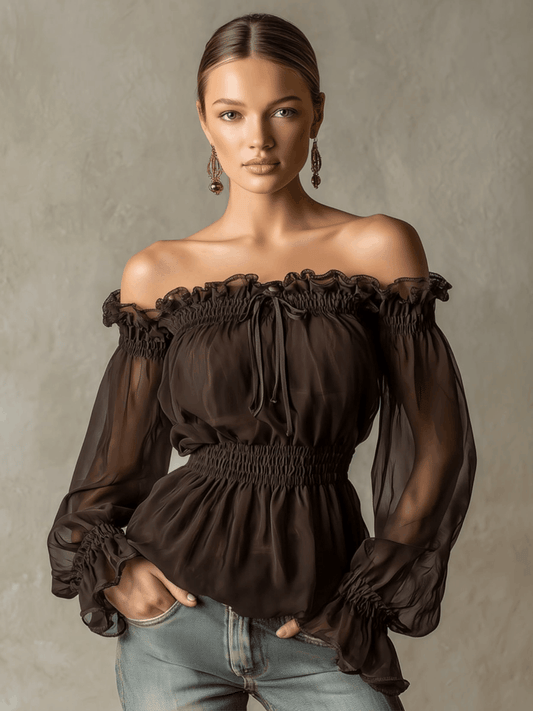 Retro Ruffled Brown Off-Shoulder Chiffon Blouse for Elegant Style