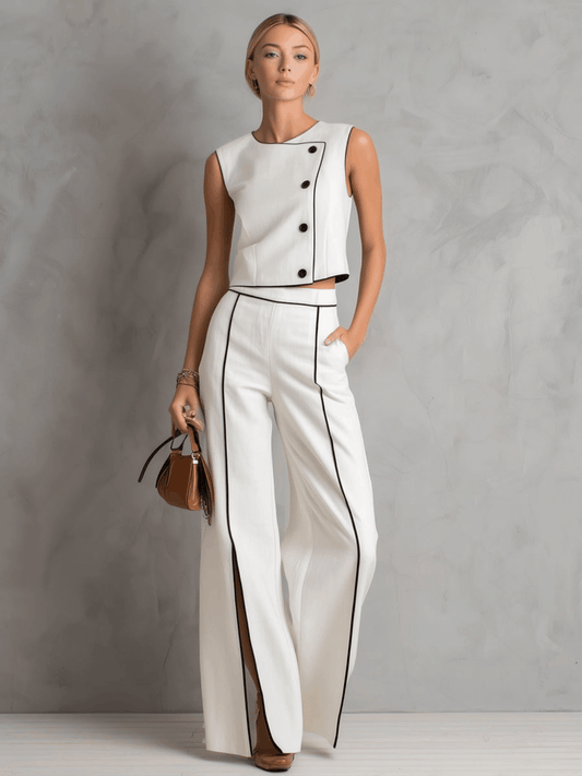 Stylish White Cotton Sleeveless Top And Split Leg Pant Set
