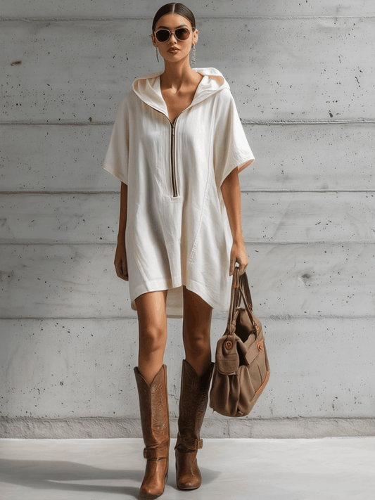 White Cotton Linen Hooded Mini Dress with Half-Zip Detail
