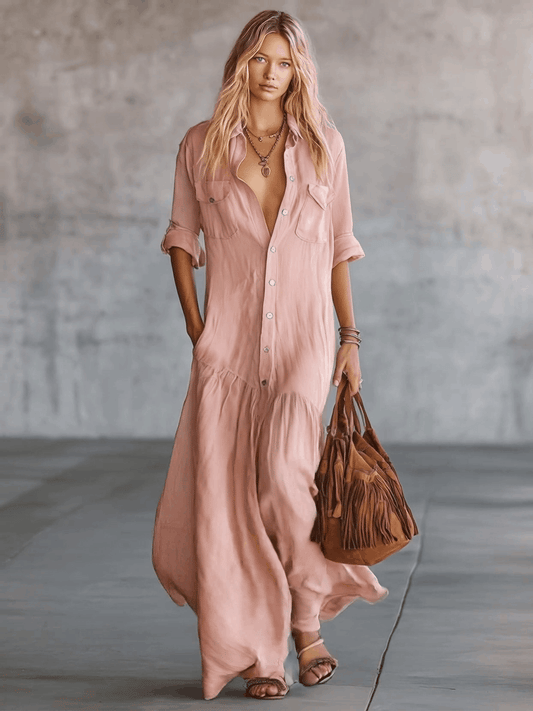 Pink Cotton Linen Western V-Neck Button Front Shirt Maxi Dress