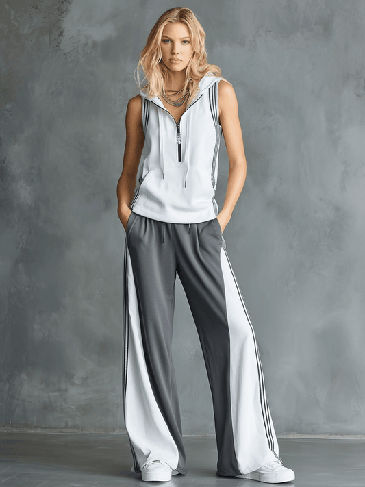 Casual Color-Block Hooded Sleeveless Top and Wide-Leg Pants Set