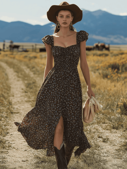 Western Retro Print Brown Square Neck Slit Chiffon Midi Dress