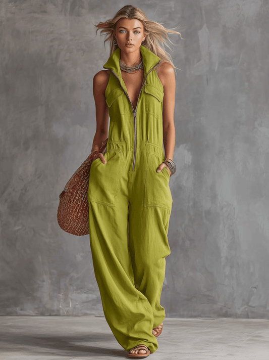 Bright Green Cotton Linen Jumpsuit With Western Collar And Zipper