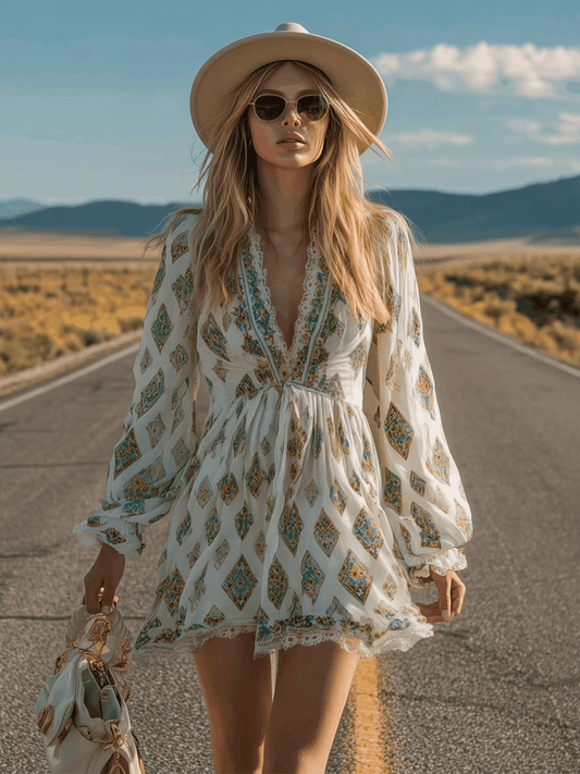 Boho Ethnic Print White Chiffon Mini Dress With Lace Trim
