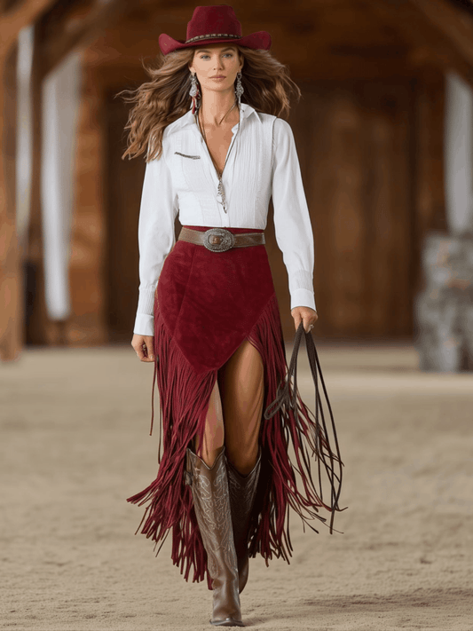 Western Retro Red Faux Suede Fringe Slit Midi Skirt