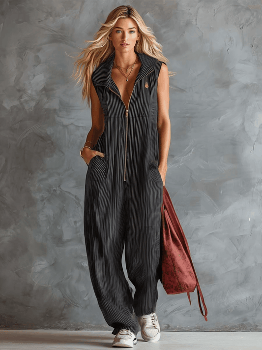 Retro Sporty Black and White Striped Collared Front-Zip Jumpsuit