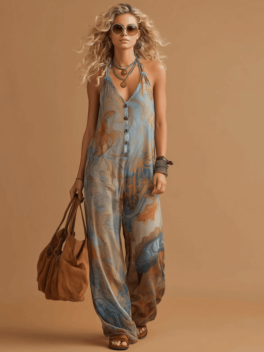 Blue Bohemian Print Chiffon V-Neck Sleeveless Wide-Leg Vacation Jumpsuit
