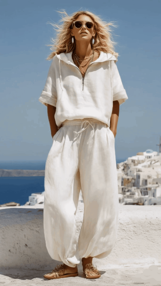 Retro White Cotton Linen Hooded Top and Balloon Pants Set