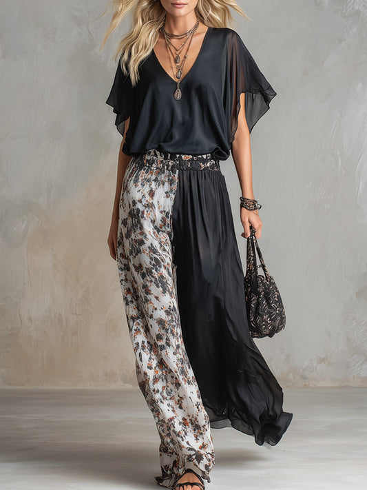 Chic Black Chiffon T-Shirt and Contrast Print Wide Leg Set