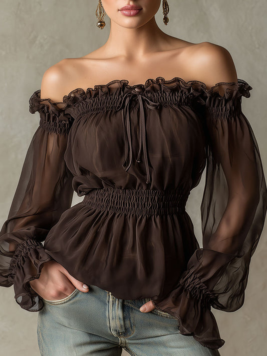Retro Ruffled Brown Off-Shoulder Chiffon Blouse for Elegant Style