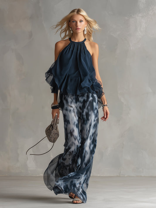 Elegant Navy Blue Halter Neck Top and Printed Chiffon Set