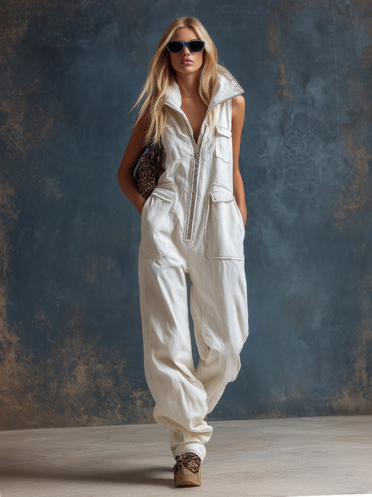Elegant White Denim Sleeveless Jumpsuit with Front Zipper Closure