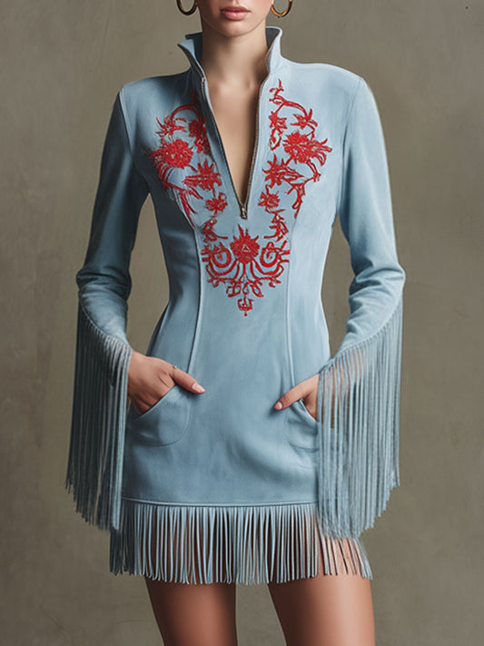 Western Retro Blue Faux Suede Mini Dress with Red Embroidery