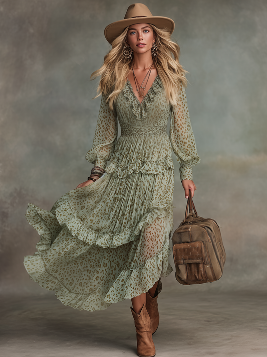 Vintage Leopard Print Chiffon Midi Dress with Elegant Ruffled V-Neck