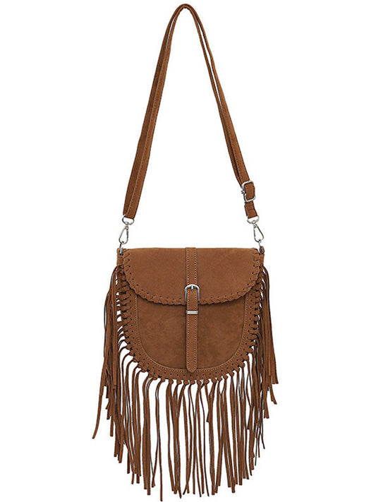 Vintage Bohemian Suede Shoulder Bag with Decorative Tassel Accents