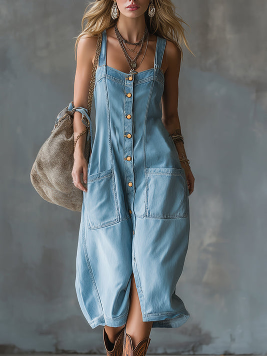Vintage Inspired Blue Denim Midi Dress With Front Button Detail
