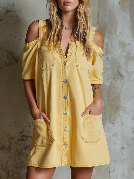 Yellow Loose-Fitting Cold-Shoulder Short-Sleeved Pocket Mini Dress
