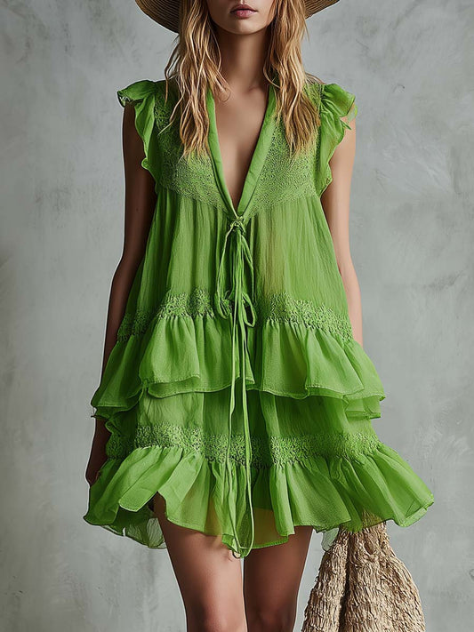 Retro Bohemian Bright Green Chiffon Mini Dress With Lace Trim