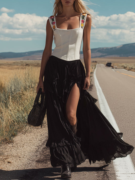 Embroidered Faux Suede Top and Slit Chiffon Skirt Set