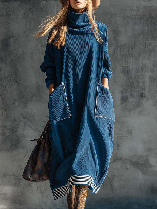 Casual Vintage High Collar Blue Corduroy Midi Dress With Pockets