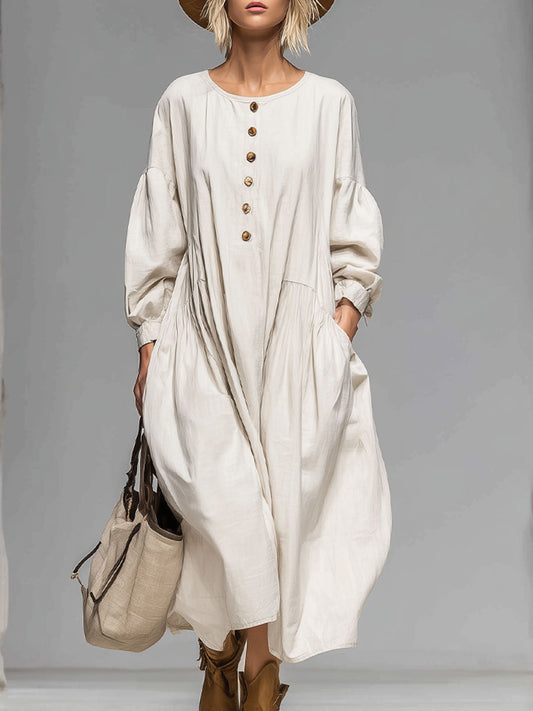 Comfortable Beige Cotton Long-Sleeved Midi Dress With Functional Pockets