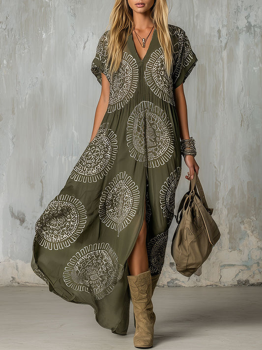 Retro Ethnic Floral Print Olive Green Chiffon Midi Dress