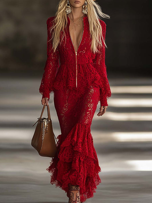 Elegant Red Lace Long Sleeve Maxi Dress with Ruffle Hem