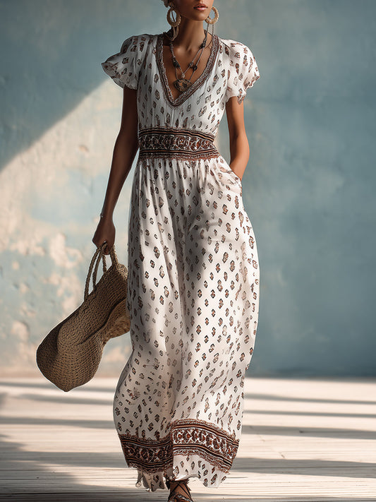 Retro Ethnic Printed White Chiffon V-Neck Short Sleeve Maxi Dress