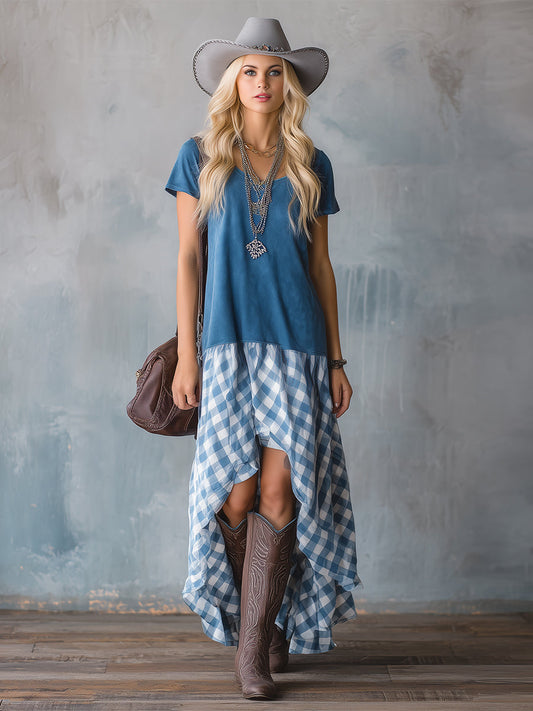 Retro Blue Faux Suede Patchwork Plaid Short Sleeve Maxi Dress