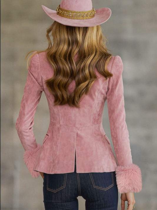 Elegant Faux Suede Blazer with Fur Cuffs and Metal Buttons