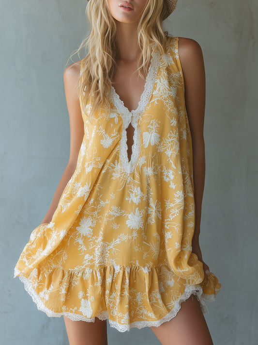 Yellow Floral Chiffon V-Neck Sleeveless Mini Dress with Lace Trim