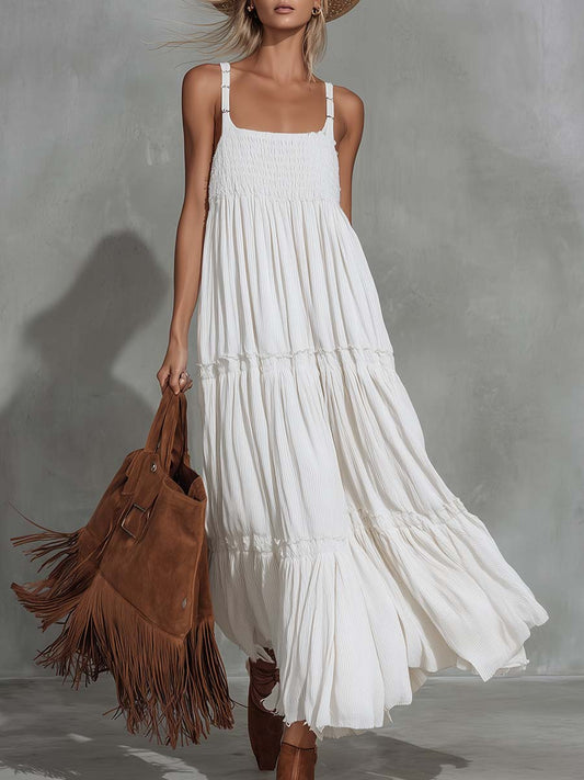 Retro Western White Cotton Linen Strappy Maxi Dress