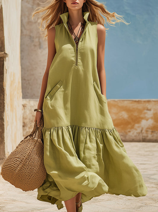 Grass-Green Sleeveless Cotton-Linen Maxi Dress with Functional Pockets