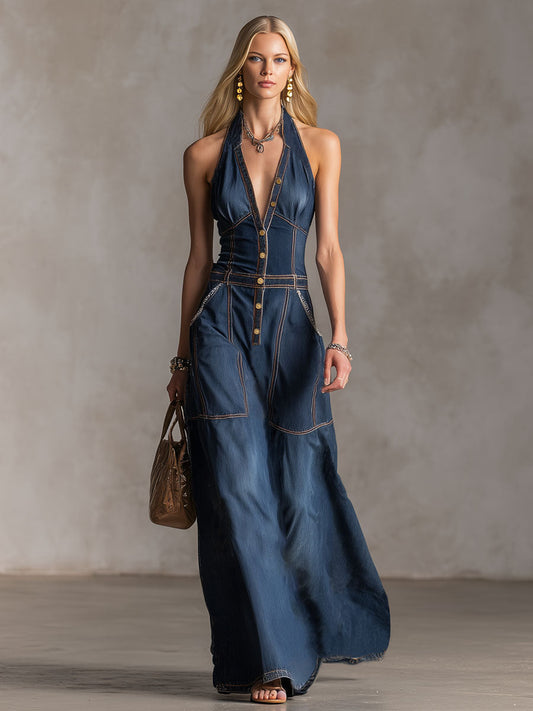 Navy Blue Denim Halter Neck Maxi Dress with Front Pockets