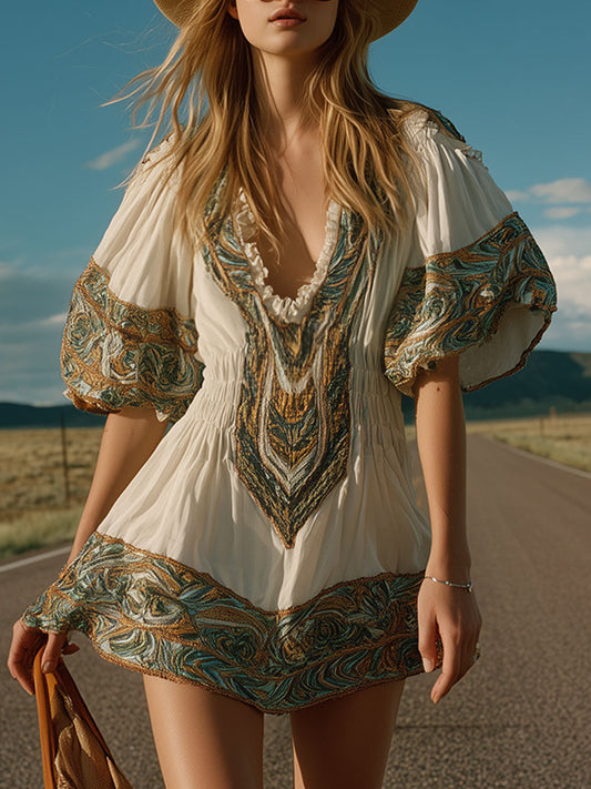 White Western Retro Ethnic Print Ruffled V-Neck Chiffon Mini Dress
