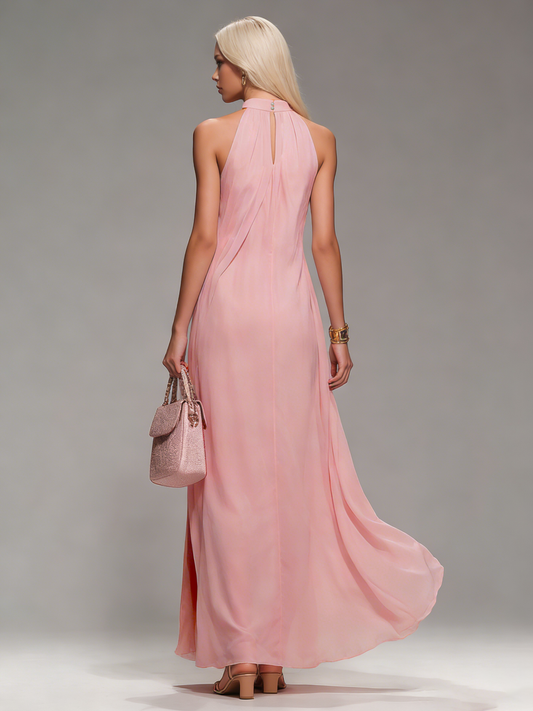 Elegant Halter Neck Sleeveless Chiffon Maxi Dress with Side Slit