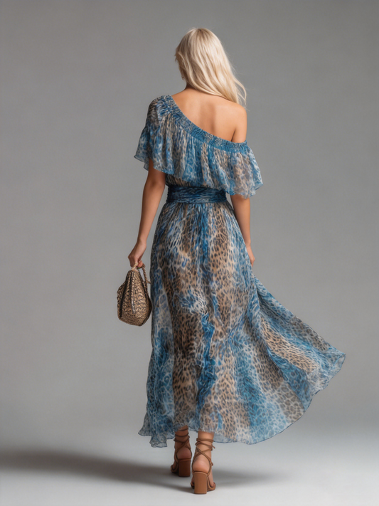 Elegant Off-Shoulder Leopard Print Chiffon Maxi Dress for Women