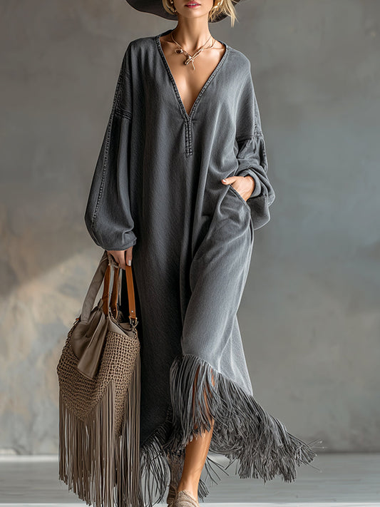 Elegant Grey Denim Long Sleeve Fringe Maxi Dress For Women