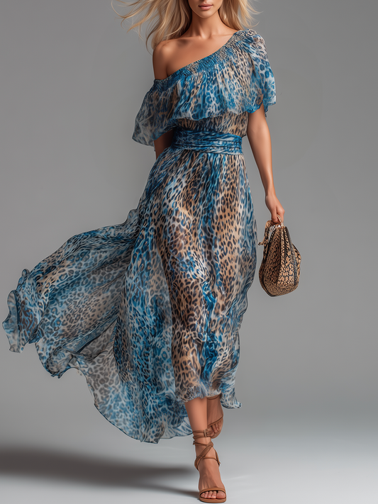 Elegant Off-Shoulder Leopard Print Chiffon Maxi Dress for Women