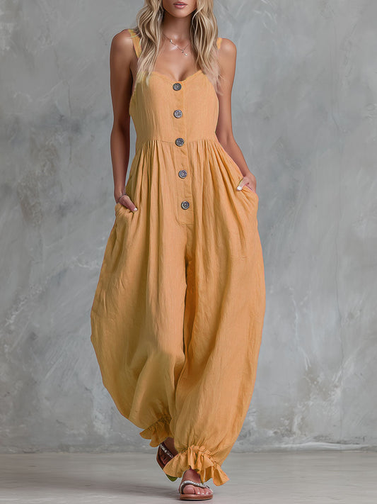 Breathable Cotton Linen Sleeveless Button Front Jumpsuit for Women