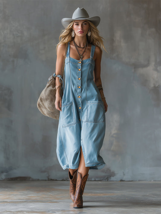 Vintage Inspired Blue Denim Midi Dress With Front Button Detail