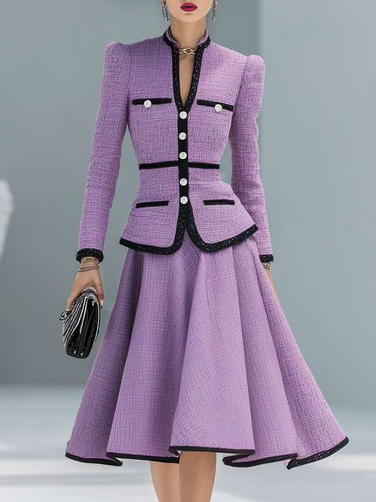 Chic Purple Contrast Trim Tweed Blazer and Skirt Two-Piece Set