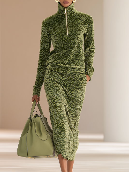 Retro Green Leopard Print Velvet Stand Collar Top Skirt Set