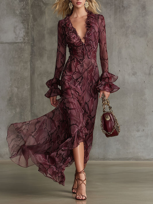 Burgundy Snakeskin Print Chiffon Ruffled V-Neck Long-Sleeve Maxi Dress